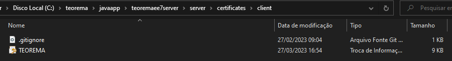 Pasta client no Explorer mostrando os arquivos .gitignore e TEOREMA dentro do caminho C:\teorema\javaapp\teoremaee7server\server\certificates\client