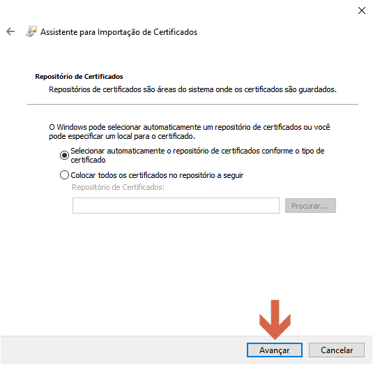Assistente para Importação de Certificados — tela Repositório de Certificados com a opção de seleção automática marcada; botão Avançar destacado