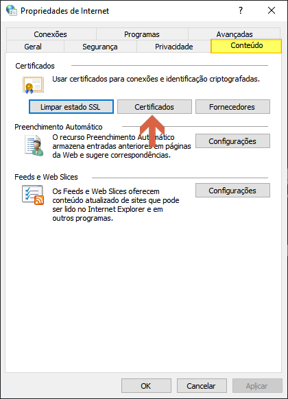 Janela Propriedades de Internet — aba Conteúdo com o botão Certificados destacado