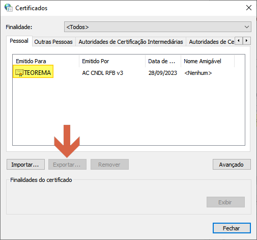 Janela Certificados — aba Pessoal listando o certificado TEOREMA emitido por AC CNDL RFB v3, com o botão Exportar destacado