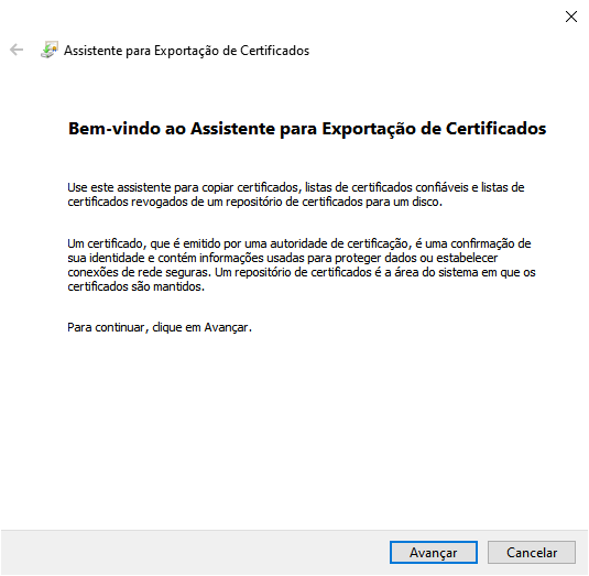 Assistente para Exportação de Certificados — tela de boas-vindas; botão Avançar
