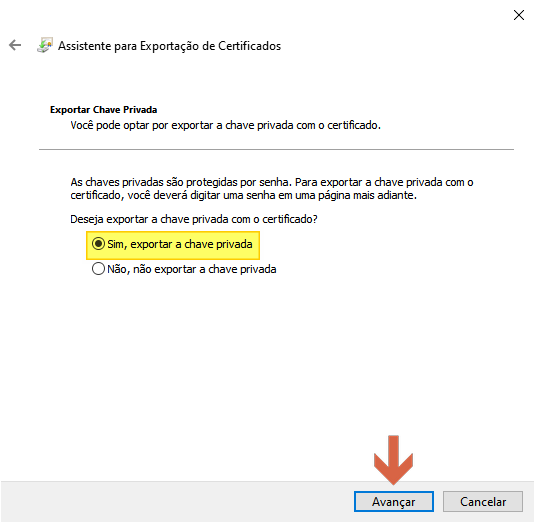 Assistente para Exportação de Certificados — tela Exportar Chave Privada com a opção Sim, exportar a chave privada selecionada