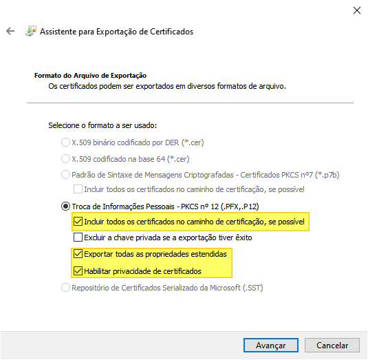 Assistente para Exportação de Certificados — tela Formato do Arquivo de Exportação com o formato PFX/P12 selecionado e as opções Incluir todos os certificados, Exportar todas as propriedades estendidas e Habilitar privacidade de certificados marcadas