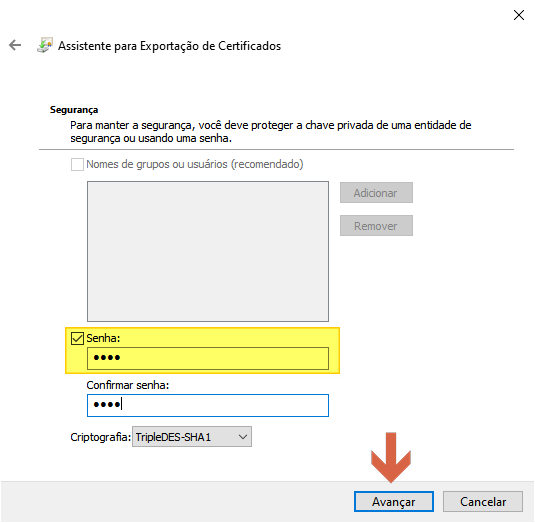 Assistente para Exportação de Certificados — tela Segurança com o campo Senha marcado e preenchido (mascarado), campo Confirmar senha preenchido e criptografia TripleDES-SHA1 selecionada