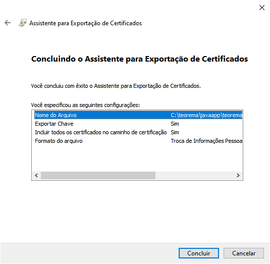 Assistente para Exportação de Certificados — tela de conclusão com a lista de configurações: Nome do Arquivo, Exportar Chave Sim, Incluir todos os certificados Sim, Formato Troca de Informações Pessoais