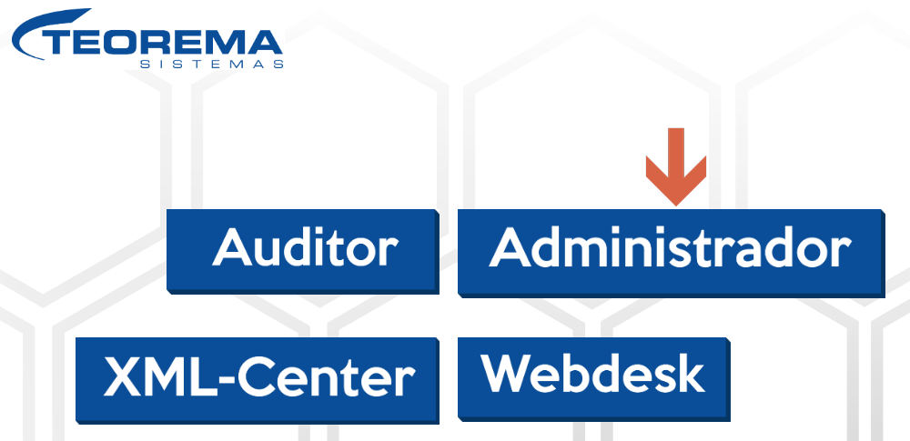 Página inicial do servidor Teorema com os botões Auditor, Administrador, XML-Center e Webdesk; seta indicando o botão Administrador