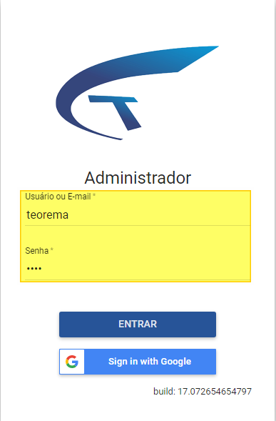 Tela de login do Administrador com campo Usuário ou E-mail preenchido com "teorema" e campo Senha preenchido (mascarado); botão ENTRAR