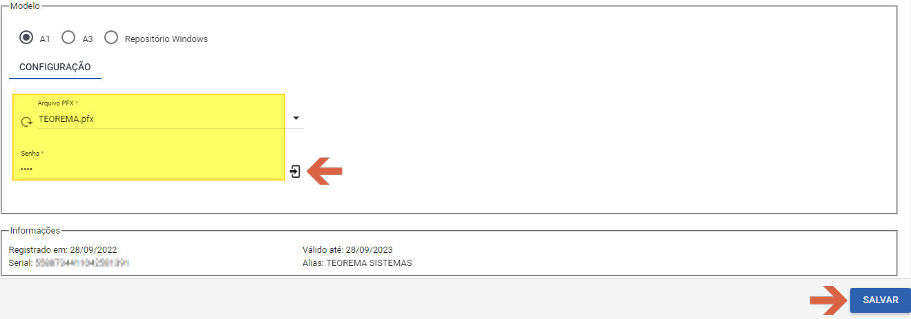 Tela Configuração de Certificado — seção Configuração com campo Arquivo PFX preenchido com TEOREMA.pfx e campo Senha preenchido (mascarado); seção Informações mostrando Registrado em 28/09/2022, Válido até 28/09/2023, Alias TEOREMA SISTEMAS; botão SALVAR destacado