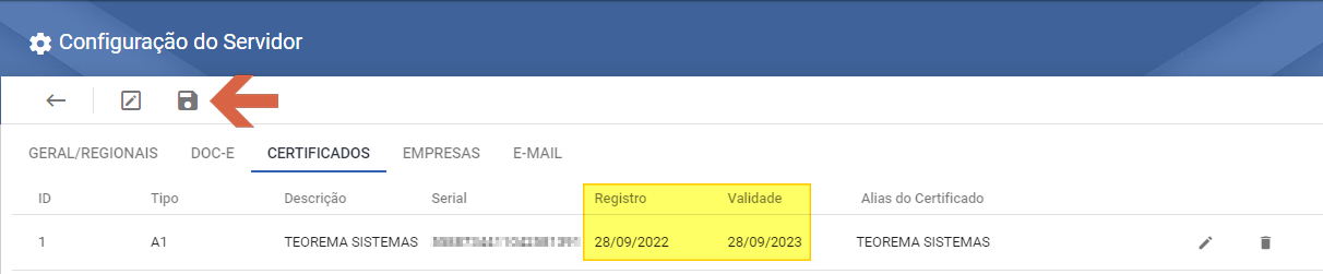 Tela Configuração do Servidor — aba CERTIFICADOS após atualização, exibindo Registro 28/09/2022 e Validade 28/09/2023 destacados; ícone de salvar indicado