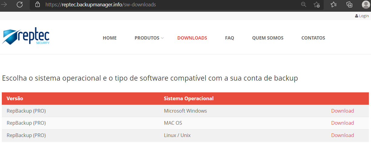 Página de downloads do site reptec.backupmanager.info com tabela listando RepBackup (PRO) para Microsoft Windows, MAC OS e Linux/Unix, cada um com link "Download"