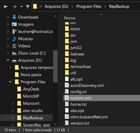 Windows Explorer com pasta D:\Program Files\RepBackup aberta; arquivo custom.xml selecionado entre outros arquivos como config.ini, autoDiscovery.xml e version.txt