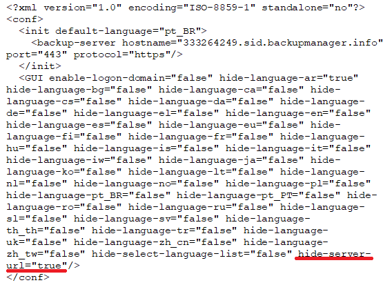 Arquivo custom.xml aberto em editor de texto mostrando elemento GUI com atributo hide-server-url="true" destacado ao final do bloco de configuração