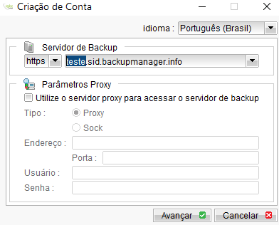 Tela "Criação de Conta" do RepBackup com campo Servidor de Backup preenchido com "teste sid.backupmanager.info" e seção Parâmetros Proxy com campos Tipo, Endereço, Porta, Usuário e Senha em branco