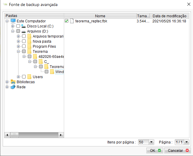 Tela "Fonte de backup avançada" com navegador de pastas mostrando D:\Arquivos(D:)\Teorema e arquivo teorema_reptec.fbk selecionado