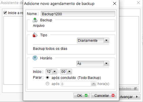 Tela "Adicione novo agendamento de backup" com Nome "Backup1200", Tipo "Diariamente" e Horário configurado para Início 12:00, Parar após concluído (Todo Backup)