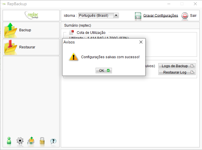 Tela principal do RepBackup com diálogo "Avisos" exibindo mensagem "Configurações salvas com sucesso!" e botão OK