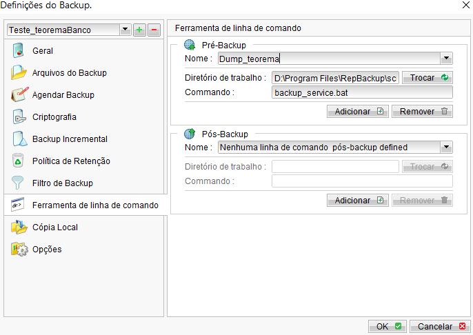 Tela "Definições do Backup" na aba "Ferramenta de linha de comando" com Pré-Backup configurado: Nome "Dump_teorema", Diretório "D:\Program Files\RepBackup\sc", Commando "backup_service.bat"