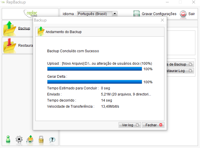 Tela principal do RepBackup com diálogo "Backup" mostrando "Backup Concluído com Sucesso", Upload 100%, Gerar Delta 100%, Enviado 5,21M (20 arquivos, 9 diretórios), Tempo decorrido 14 seg