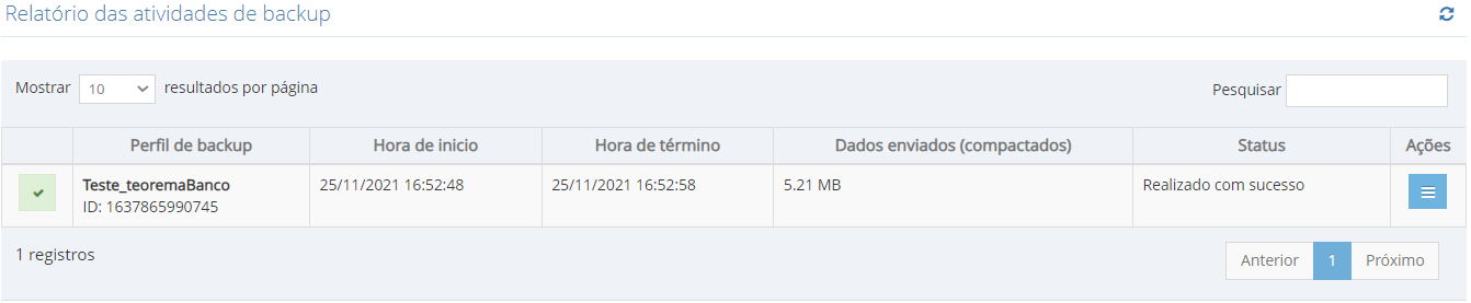 Relatório das atividades de backup no painel backupmanager.info com 1 registro: perfil "Teste_teoremaBanco", Hora de início 25/11/2021 16:52:48, Hora de término 25/11/2021 16:52:58, Dados enviados 5.21 MB, Status "Realizado com sucesso"
