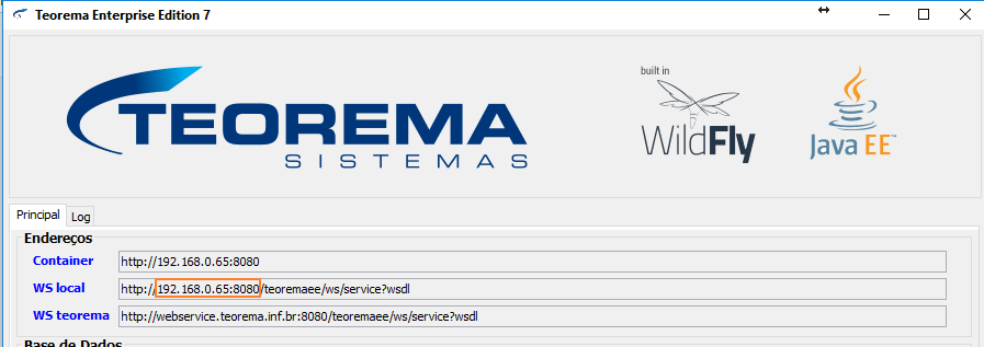 Tela Teorema Enterprise Edition 7, aba Principal, seção Endereços: campos Container (http://192.168.0.65:8080), WS local e WS teorema preenchidos