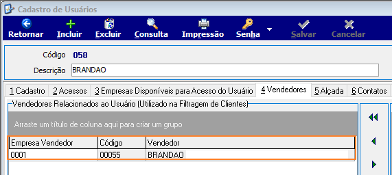 Tela Cadastro de Usuários do Administrador: usuário código 058, descrição BRANDAO; aba 4 Vendedores com grid mostrando Empresa 0001, Código 00055, Vendedor BRANDAO