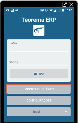 Tela de login do Teorema ERP Mobile com botão IMPORTAR USUÁRIOS destacado