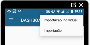 Menu sobreposto no Dashboard do Mobile com opções "Importação individual" e "Importação"