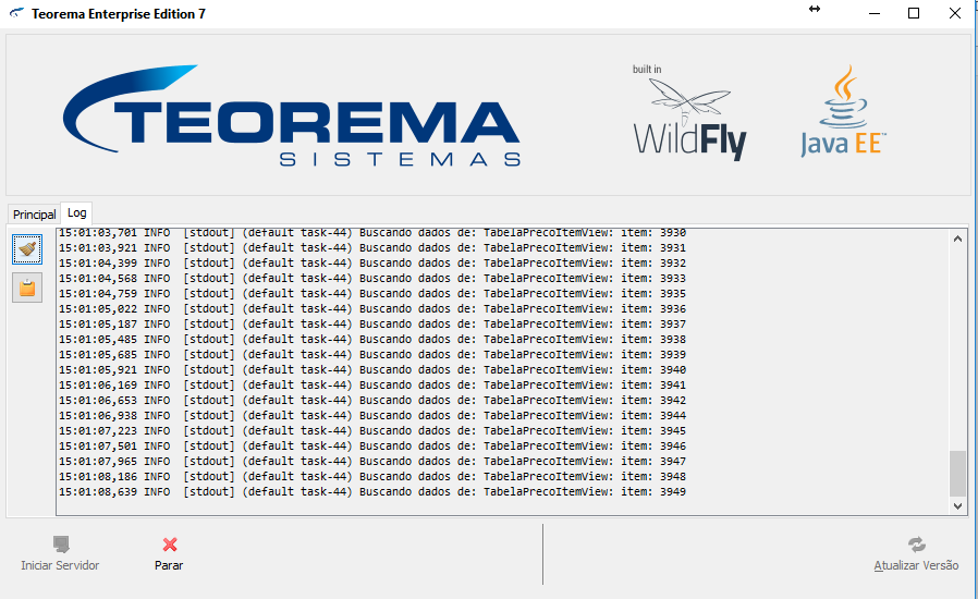 Aba Log do Teorema Enterprise Edition 7 exibindo linhas INFO com mensagens "Buscando dados de: TabelaPrecoItemView: item: XXXX" em sequência