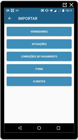 Tela IMPORTAR no Mobile com botões individuais: VENDEDORES, SITUAÇÕES, CONDIÇÕES DE PAGAMENTO, ITENS e CLIENTES