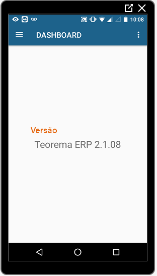 Dashboard do Teorema ERP Mobile mostrando campo Versão com valor "Teorema ERP 2.1.08"