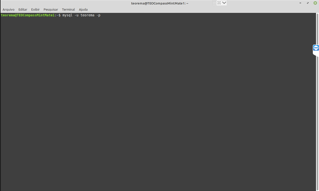 Terminal Linux com o comando mysql -u teorema -p digitado no prompt