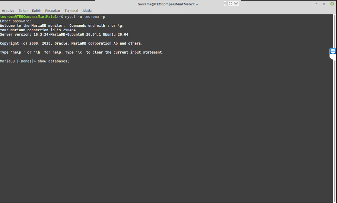 Terminal MariaDB com o comando show databases; digitado no prompt