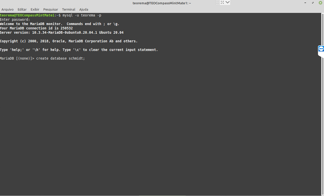 Terminal MariaDB com o comando create database schmidt; digitado no prompt