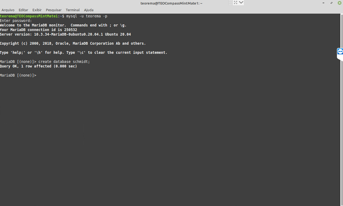 Terminal MariaDB exibindo a resposta "Query OK, 1 row affected (0.000 sec)" após o comando create database schmidt