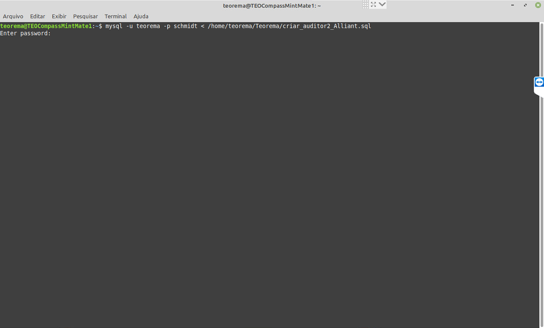 Terminal exibindo o comando mysql -u teorema -p schmidt com prompt "Enter password:"