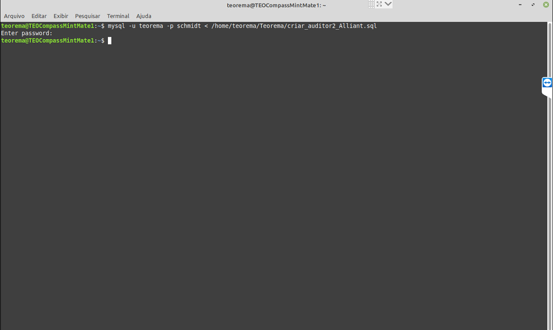 Terminal exibindo retorno ao prompt do sistema após execução bem-sucedida do comando de importação SQL