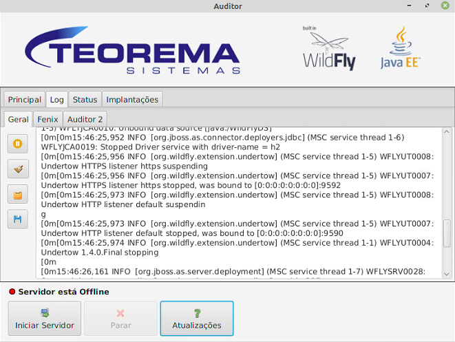 Aplicativo Auditor — aba Log/Geral exibindo mensagens de encerramento do Undertow HTTP listener e da implantação do servidor. Status exibe "Servidor está Offline". Botão Iniciar Servidor habilitado