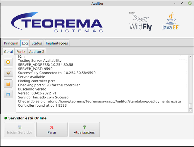 Aplicativo Auditor — aba Log/Geral exibindo mensagens "Testing Server Availability", "Successfully Connected to 10.254.80.58:9590", "Servidor Iniciado com Sucesso". Status: Servidor está Online. Botões: Iniciar Servidor (desabilitado), Parar, Atualizações