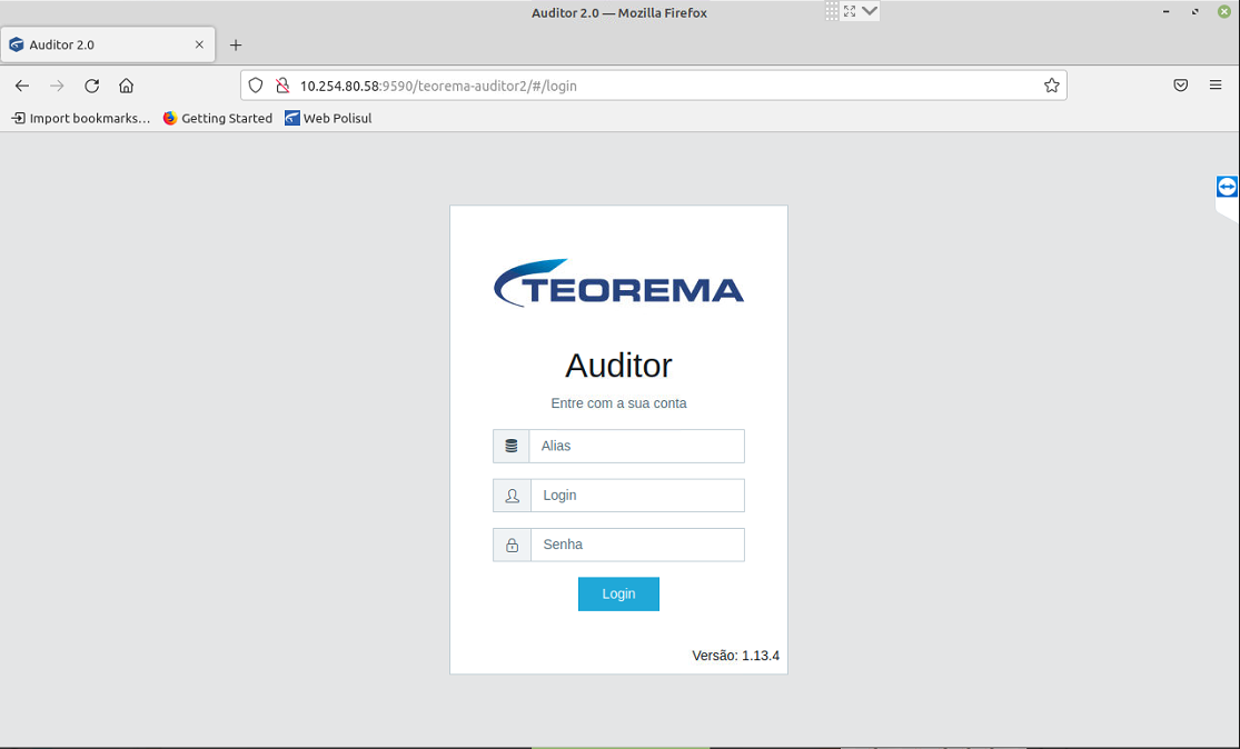 Tela de login do Auditor 2.0 no navegador Firefox com campos Alias, Login e Senha vazios e botão Login. URL: 10.254.80.58:9590/teorema-auditor2/#/login. Versão: 1.13.4