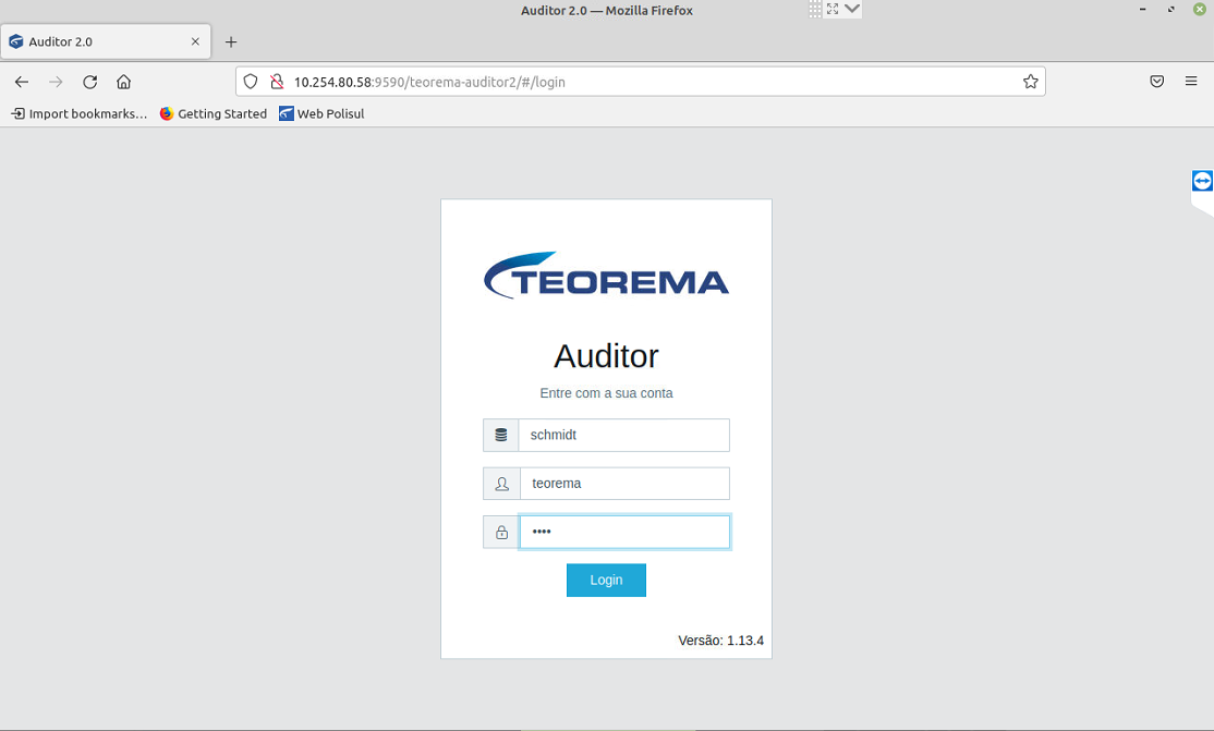 Tela de login do Auditor 2.0 com campo Alias preenchido com "schmidt", Login preenchido com "teorema" e campo Senha com caracteres mascarados. Botão Login visível