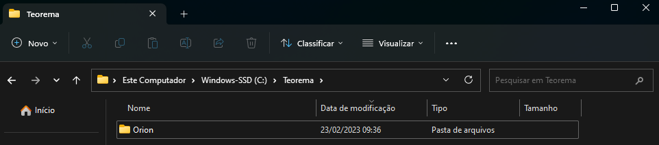 Windows Explorer mostrando a pasta C:\Teorema\ com a subpasta Orion criada após a extração do arquivo zip