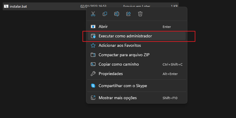 Menu de contexto do arquivo instalar.bat com a opção "Executar como administrador" destacada