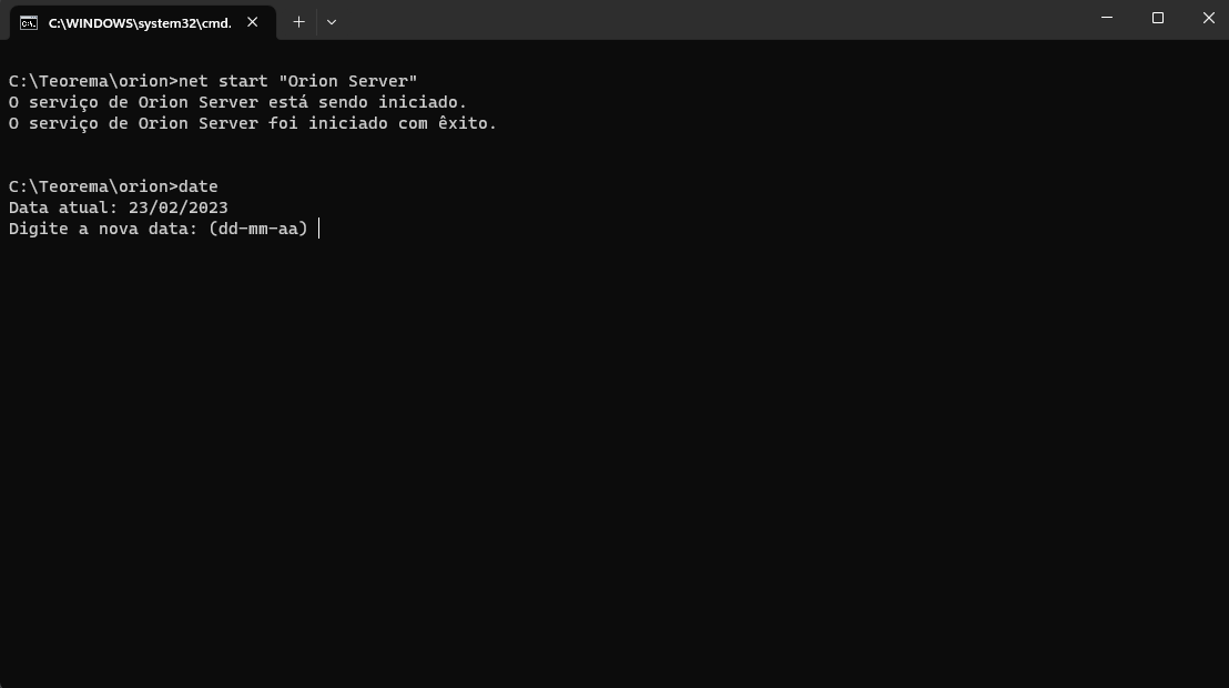 Janela do Prompt de Comando exibindo os comandos net start "Orion Server" com as mensagens de início e êxito do serviço