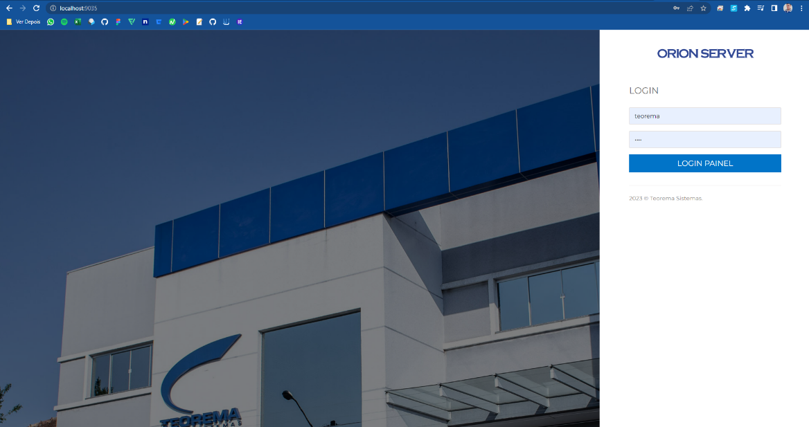Tela de login do Orion Server no navegador em localhost:9035 com os campos de usuário e senha e o botão LOGIN PAINEL