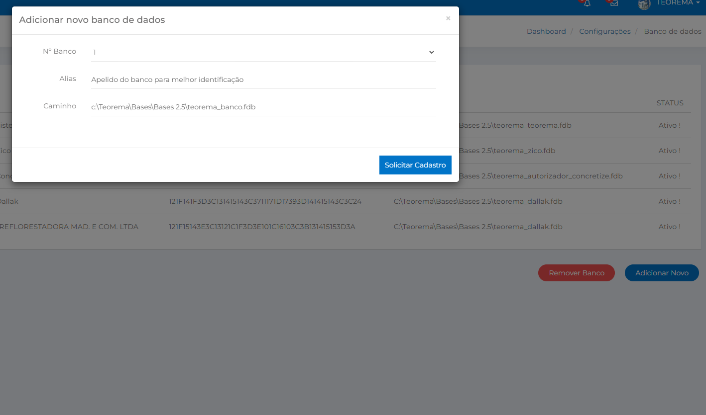 Modal Adicionar novo banco de dados com campos Nº Banco, Alias e Caminho preenchidos e botão Solicitar Cadastro