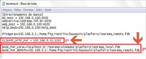 Arquivo teorema.ini aberto no Bloco de Notas com seção de Direcionamento de Banco e os campos CLIENTE_HTTP_PAF, BASE_PAF_LOCAL e BASE_PAF_REMOTO destacados com anotações numeradas