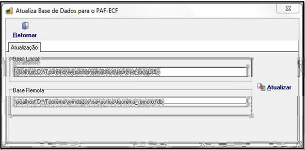 Janela "Atualiza Base de Dados para o PAF-ECF" com aba Atualização exibindo campos Base Local e Base Remota preenchidos e botão Atualizar