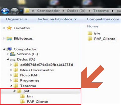 Windows Explorer mostrando a árvore de pastas: D:\Teorema\paf com subpastas bin e PAF_Cliente destacadas