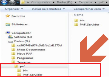 Windows Explorer mostrando a árvore de pastas: D:\Teorema\paf com subpastas bin e PAF_Servidor destacadas