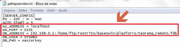 Arquivo pafrepservidor.ini aberto no Bloco de Notas com seção SERVER_CONFIG exibindo WS_ADDRESS, WS_PORT, DB_ADDRESS, DB_USER e DB_PWD